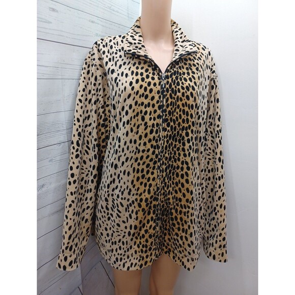 Jane Ashley Velvet Jacket Animal Leopard Print Black Beige Full Zip Plus 2X - Picture 1 of 7